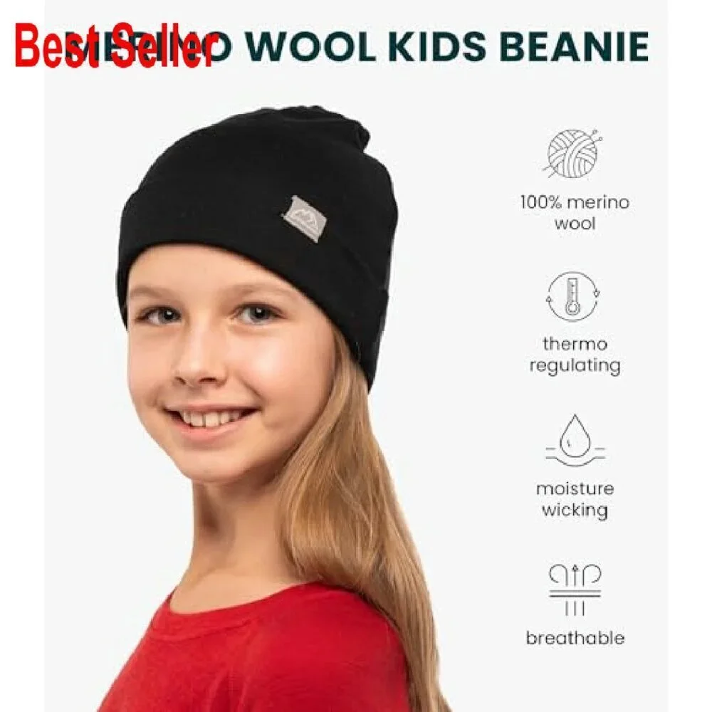 Merino Wool Beanie Kids Unisex Cuff Cap Breathable Sensitive Skin Winter